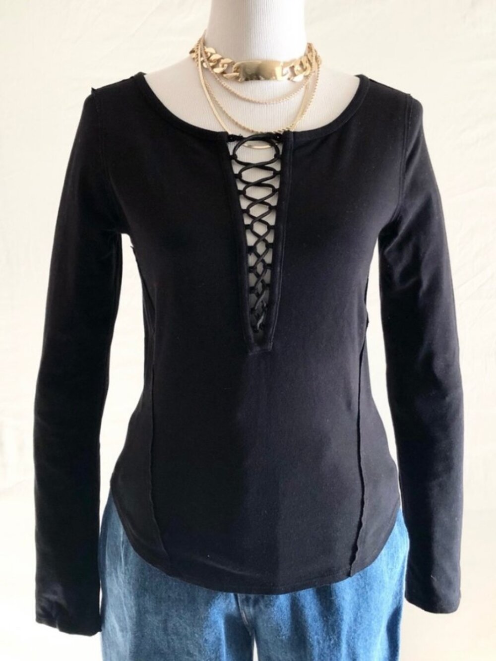 We The Free Jacqui Black Lace Up Plunge Neck Top Size S